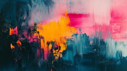 Abstract painting with vibrant colors in yellow, pink, blue, and black