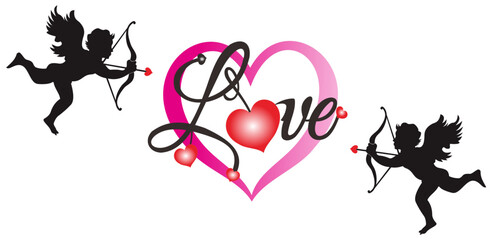 silhouette of two cute Angels, bow with love painting. Valentine's Day design. Vector illustration