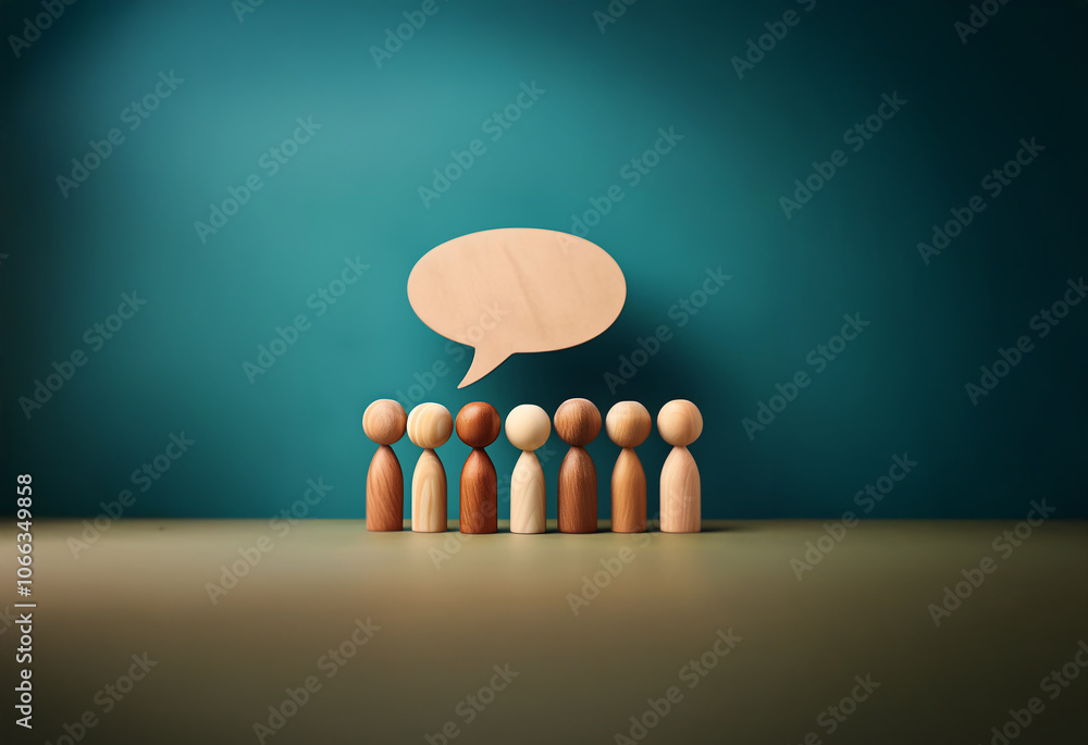 Poster a group of wooden figures stand in a line with a blank speech bubble above them. the figures are var
