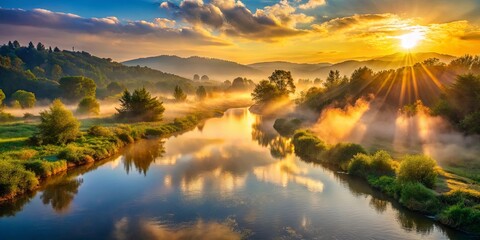 Fototapeta premium Golden Light Bathes a Serpentine River Winding Through a Mist-Shrouded Valley, Illuminated by the Rising Sun