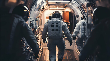 A crew of astronauts boarding a spaceship.