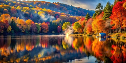 Fototapeta premium A Canopy of Autumn Hues Mirrored in Still Waters, A Solitary Structure Standing Amidst the Colors