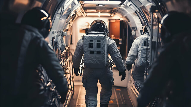 A crew of astronauts boarding a spaceship. - Powered by Adobe