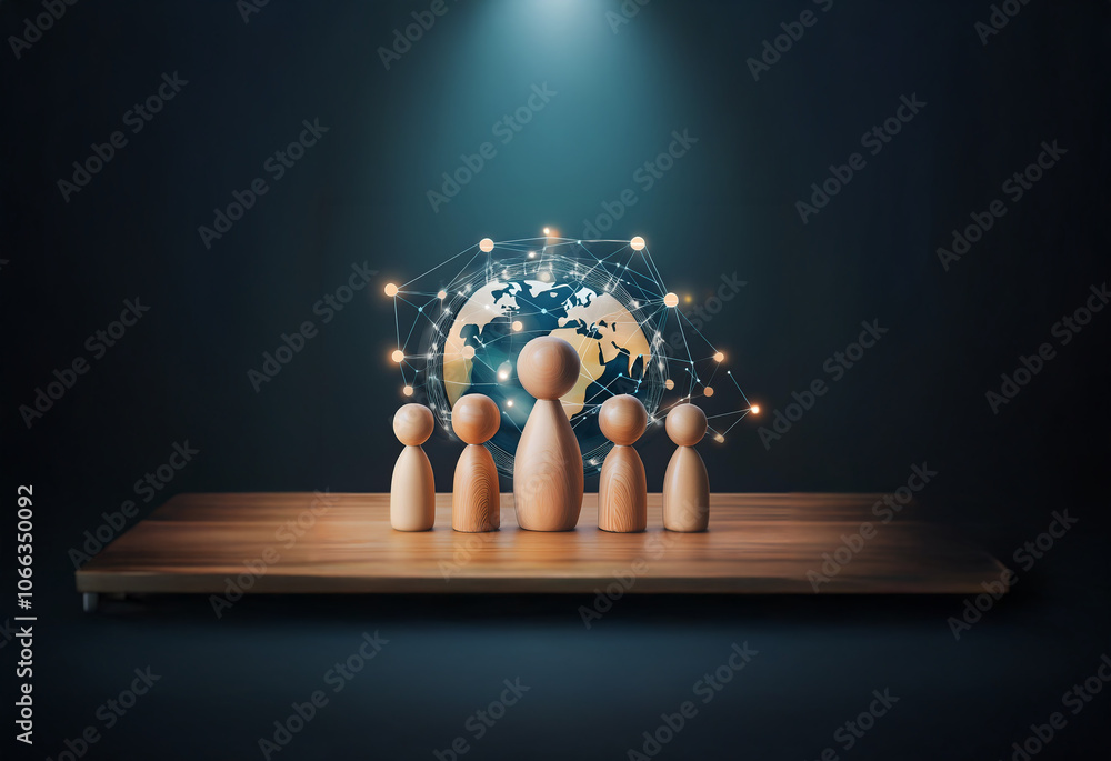 Poster wooden figures stand on a wooden platform in front of a glowing globe with a network of connections.