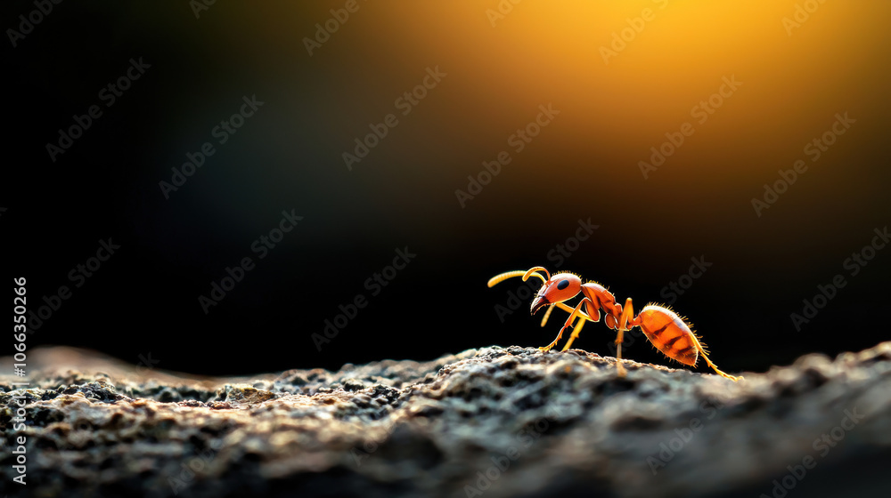 Poster a close-up of an ant walking on a textured surface, illuminated by warm sunlight, showcasing its int