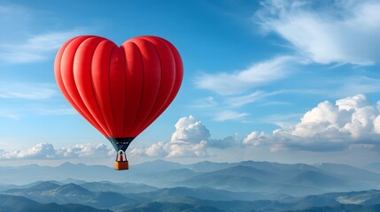 Fototapeta premium Heart shaped hot air balloon floating peacefully against a backdrop of fluffy white clouds and a serene blue sky symbolizing the romance adventure and freedom of love