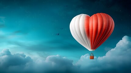 Obraz premium Heart shaped hot air balloon gracefully floating in a dreamy romantic sky filled with fluffy white clouds symbolizing love adventure and freedom
