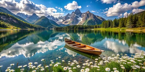 Obraz premium Tranquil Reflection of a Wooden Boat on a Serene Mountain Lake, Surrounded by Lush Greenery and Delicate White Flowers