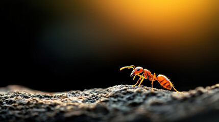 Obraz premium A close-up of an ant walking on a textured surface, illuminated by warm sunlight, showcasing its intricate features and the beauty of nature.