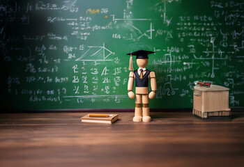 A wooden figure wearing a graduation cap stands in front of a chalkboard filled with equations.
