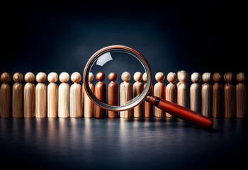 A magnifying glass focuses on a single wooden figure, highlighting it amongst a row of similar figures.