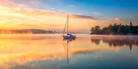 A solitary sailboat resting on the calm, mist-shrouded water, reflecting the vibrant hues of a breathtaking sunrise