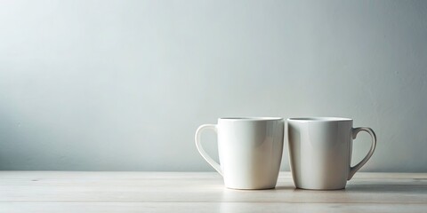 Fototapeta premium Surreal Display of Two Blank White Mugs on a Table for Creative Design Showcase