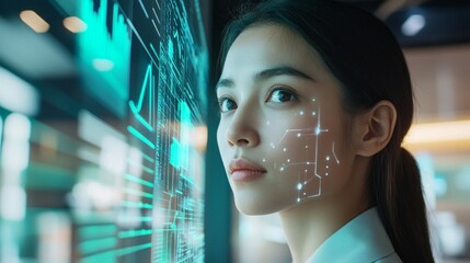 Young woman looking at a digital screen with futuristic data and a holographic interface over her face.