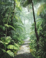 Naklejka premium Lush tropical road winding through rainforest, morning mist, sunbeams through canopy