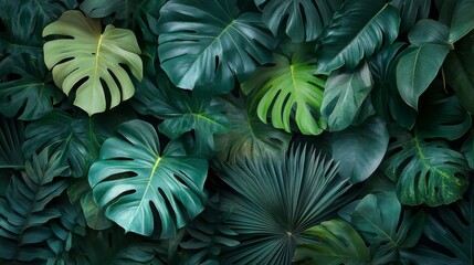 Fototapeta premium Lush Tropical Leaves in a Dark Green Palette