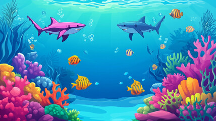 a 3d colorful fish beautiful coral reef with  the blue sea background