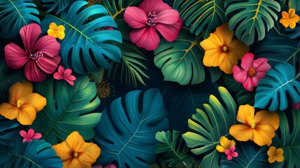 Fototapeta premium Vibrant Tropical Flowers and Lush Green Leaves