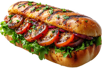 Fresh, grilled tomatoes and onions with leafy greens, nestled in a toasted sub roll, garnished with herbs for a vibrant, flavorful sandwich, set against a transparent background