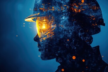 Silhouette of a man with glowing eyes, wearing a helmet. Represents the intersection of technology and humanity.