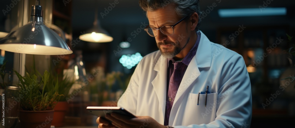 Poster a scientist in a lab coat using a tablet computer in a dimly lit room.