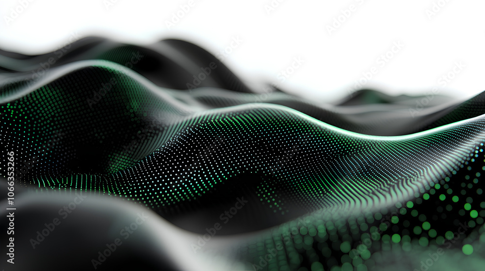 Poster abstract black dark background with green dots and lines, creating a wave pattern on the surface of 