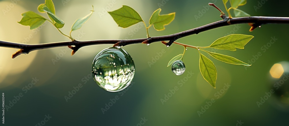 Poster a large water droplet hangs from a slender twig, with smaller droplets clinging to the leaves, creat