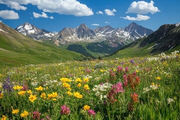 A vast alpine meadow filled with vibrant wildflowers, with towering snow-capped mountains in the background.