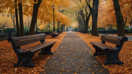 Late fall in an old city park, a straight path and benches among the leaves
