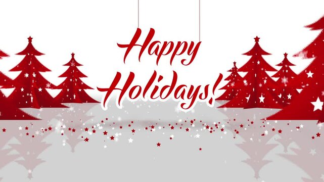 Happy Holidays Greetings Revealer - Winter Snow Fall with Christmas Trees in Background Red and White