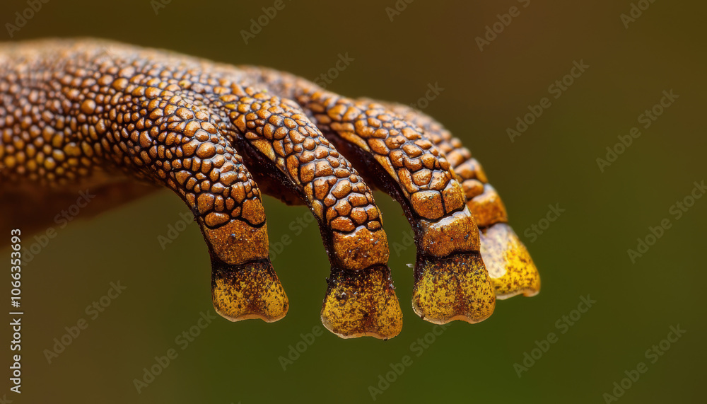 Poster a close-up of a textured amphibian foot displaying intricate patterns and colors, showcasing the fin