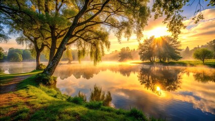 Obraz premium Golden Sunlight Illuminates a Serene Riverbank, Embracing a Misty Morning with the Promise of a Day Filled with Tranquility