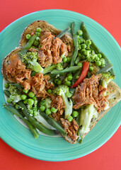 Sweet chili tuna and green vegetables on multigrain toast.