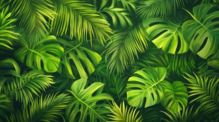 Naklejka premium Lush Green Tropical Foliage Pattern