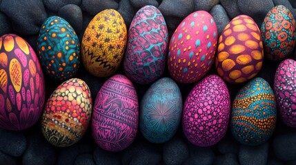 A Row of Vibrantly Colored and Patterned Easter Eggs