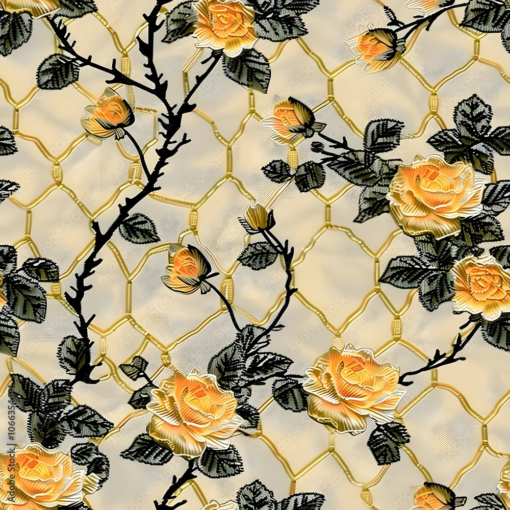Poster elegant floral pattern with yellow roses and black vines on a cream background. the intricate design