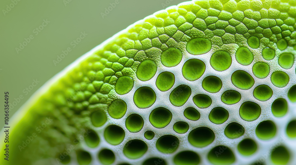 Poster a close-up view of a textured green surface featuring circular patterns, highlighting the intricate 