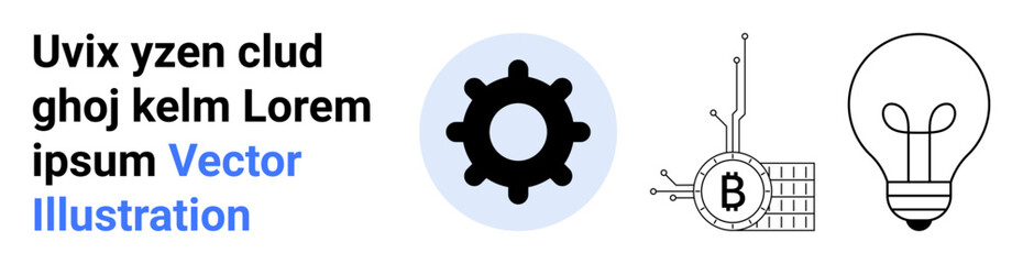 Bitcoin symbol circuit, gear on blue circle, lightbulb outline. Ideal for cryptocurrency, fintech, technology innovation, blockchain, digital assets, tech startups, fintech blogs. Landing page