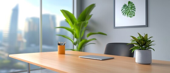 Minimalist and Elegant Home Office Design with Light Wood Desk Large Window Providing Natural Lighting and Uncluttered Organized Space   3D Rendering