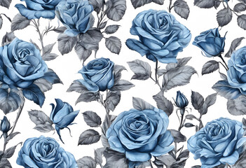 Seamless pattern of blue roses with leaves on a white background.