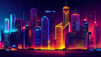 A vibrant cityscape with glowing neon skyscrapers at night