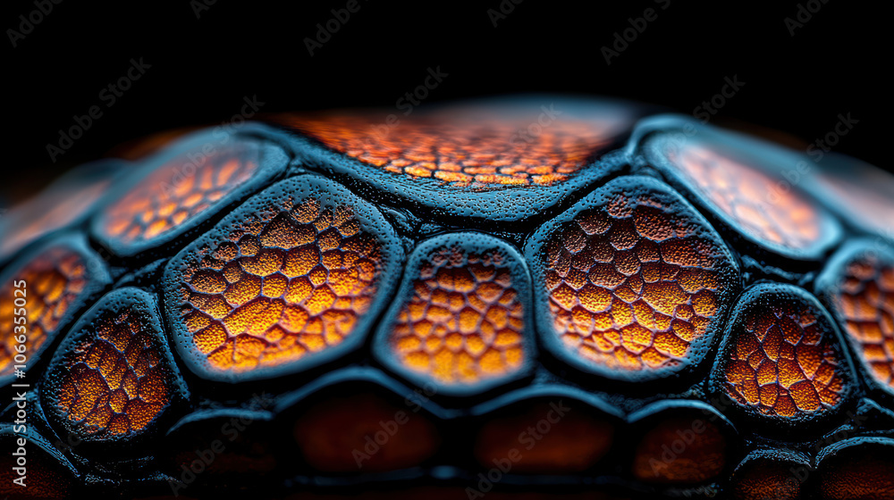 Poster a close-up view of a textured surface featuring hexagonal patterns, showcasing vibrant orange and de