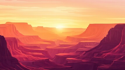 Naklejka premium A vast desert canyon landscape with layered rock formations, glowing in the soft light of sunrise. 
