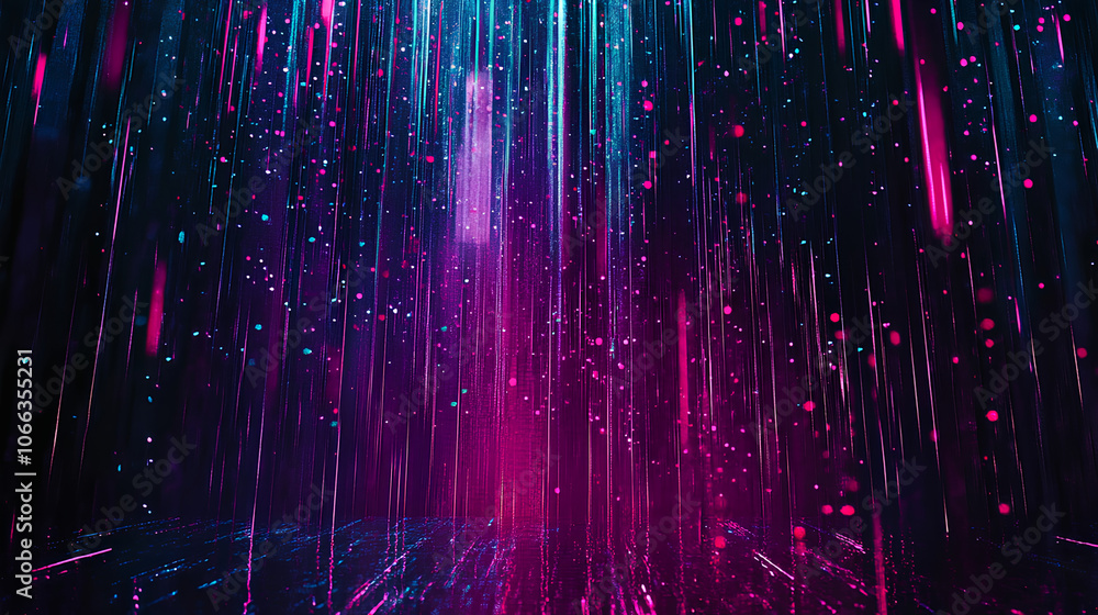 Poster dark background, vertical lines of blue and purple light with digital glitch effects, creating an ab