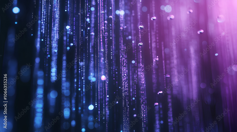 Poster dark background, vertical lines of blue and purple light with digital glitch effects, creating an ab