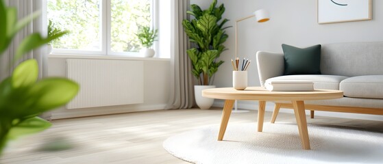 Minimalist and cozy home office featuring minimalist wooden furniture large open window allowing abundant natural light
