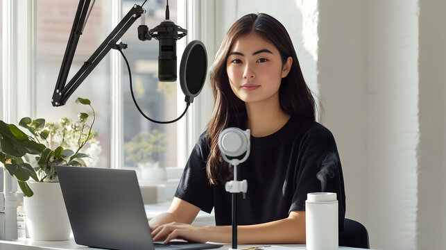 Portrait of a young Korean lady immersed in her daily life as a live-streaming social media broadcaster