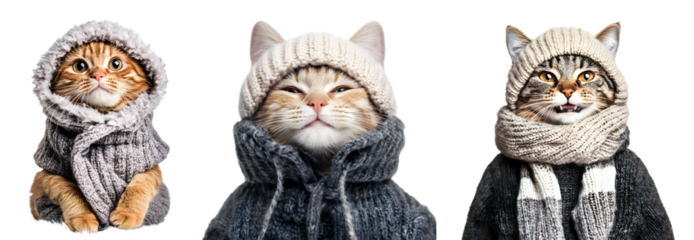 Cat in winter clothes, smiling cat, cat wearing a hat isolated on a transparent PNG background, white background , cut out, clipping path, Generative Ai