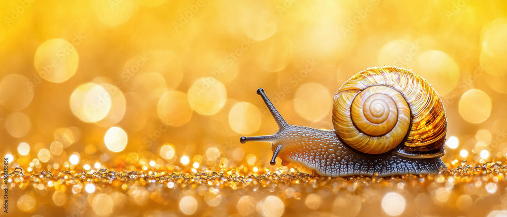 Poster a snail glides slowly across a shimmering golden surface, surrounded by soft bokeh lights, creating 