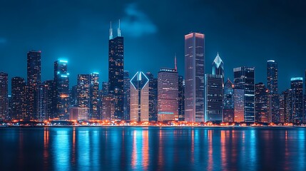 Naklejka premium Illuminated Skyscrapers Reflected in a Calm Water Body at Night
